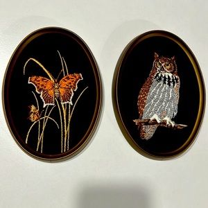 Embroidered Butterfly and Owl Wall Art Set